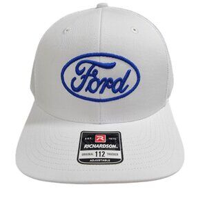 Richardson 112 Ford Curved Bill Mesh Snapback White Cap Hat Embroidered